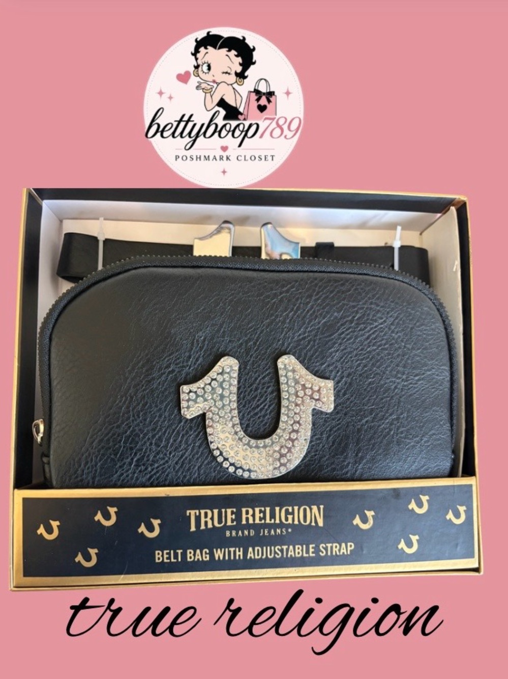 True Religion Black Leather Belt Bag with Rhinestone Horseshoe Logo